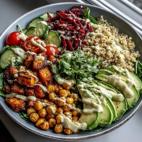 Vibrant Buddha Bowl with quinoa, roasted sweet potatoes, crispy chickpeas, fresh veggies, and creamy garlic tahini dressing.  