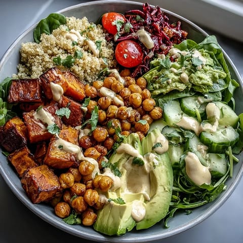 Nourishing Buddha Bowl packed with fluffy quinoa, caramelized sweet potatoes, crunchy chickpeas, crisp vegetables, and a zesty tahini sauce.  
