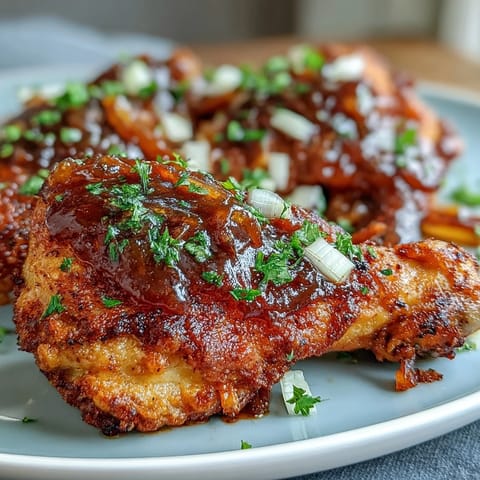 Soul Food Smothered Chicken with Onion Gravy in a cast-iron skillet, golden chicken pieces simmered in rich, savory onion gravy.  