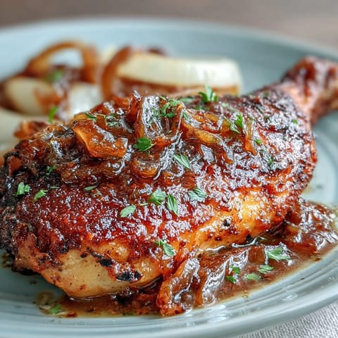 Southern-style Soul Food Smothered Chicken with Onion Gravy, served hot with a generous ladle of creamy, aromatic onion sauce.  