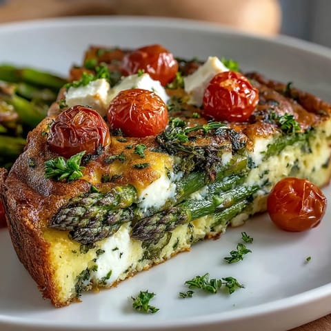 Healthy Easy Spring Veggie Frittata with asparagus, spinach, and feta, baked golden and topped with fresh herbs for a vibrant brunch dish.