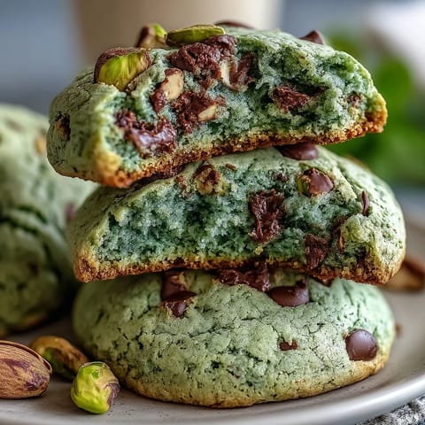 Soft, chewy St. Patrick's Day pistachio pudding cookies with natural green color and crunchy pistachios.