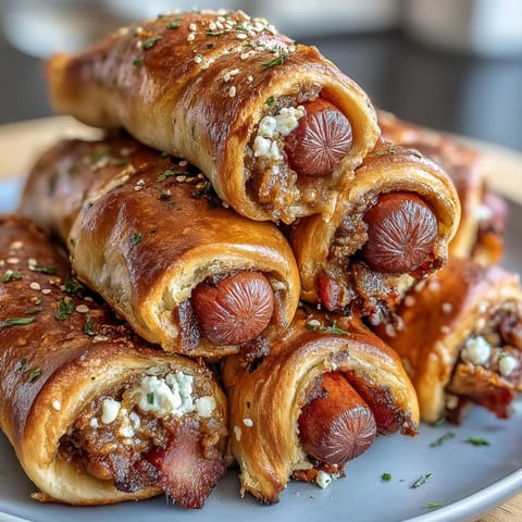 Golden crescent roll dough wraps around mini hot dogs, baked to perfection for a fun, bite-sized snack.  