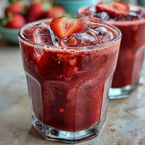 Two glasses of refreshing pink drink, blending juicy strawberries and tangy açaí with smooth coconut milk.