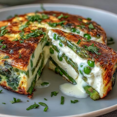 Spring Frittata with Asparagus, Peas and Goat Cheese, a vibrant brunch dish loaded with seasonal vegetables and creamy goat cheese.