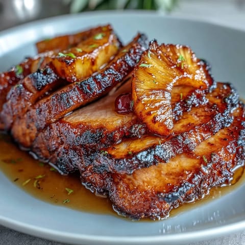 Honey Glazed Ham with Pineapple slices glistens under a golden, sticky honey-mustard glaze, accented with bright maraschino cherries.