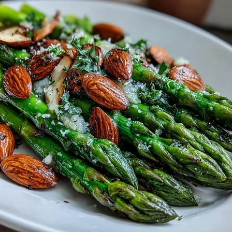Tender asparagus spears glistening in lemon butter sauce, topped with golden almonds for a delightful crunch.  