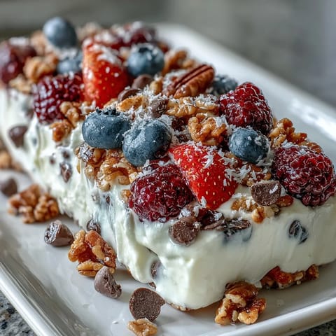 Vibrant frozen yogurt bark with mixed berries and granola, a refreshing summer snack.