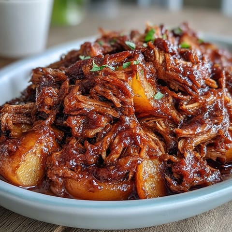 Honey peach BBQ pulled pork with tender shredded meat in a sweet and tangy sauce, served with fresh peach slices on a rustic plate.