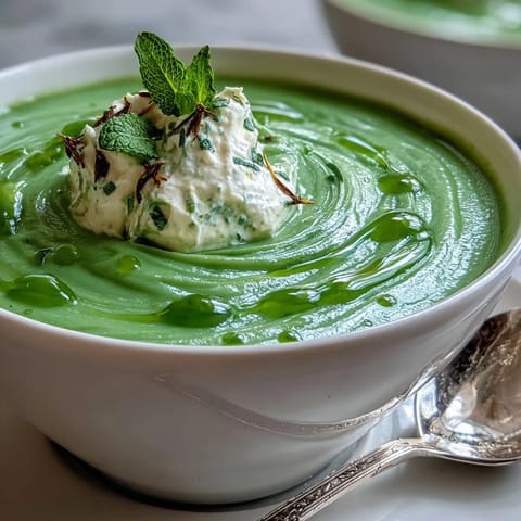 A vibrant bowl of spring pea soup with creamy whipped ricotta and fragrant mint oil drizzle.