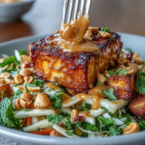 A colorful Thai mango salad with crispy tofu cubes and fresh herbs, drizzled with creamy peanut sauce.