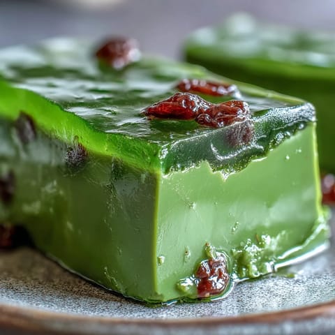 A slice of yokan Japanese red bean jelly with a vibrant green matcha layer, served on a white plate.