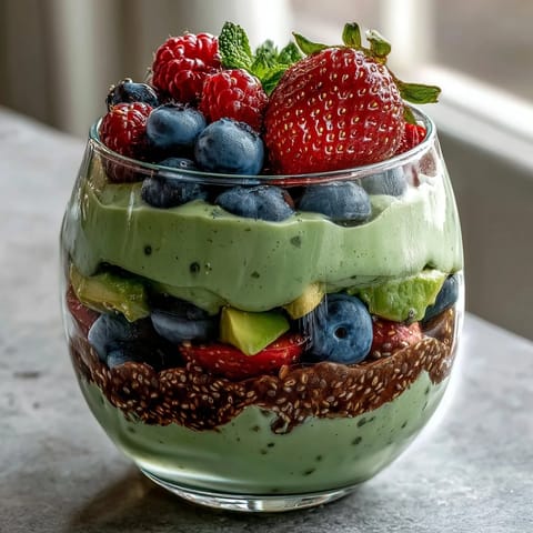 Creamy Fiber-Rich Avocado Chia Pudding Parfait layered with fresh berries and crunchy granola.