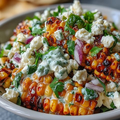 Creamy, tangy street corn salad featuring a zesty lime dressing and cotija cheese.