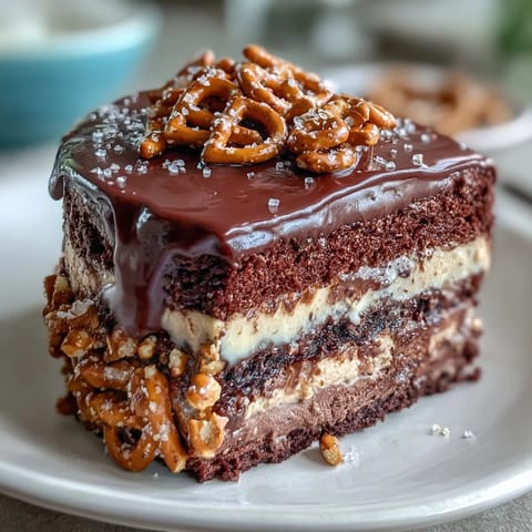 Luscious chocolate cake with creamy peanut butter filling, topped with pretzel crunch.