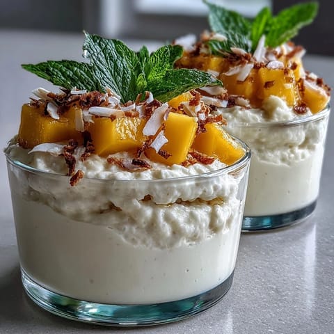 Juicy mango tops this thick, layered Skyr Protein Chia Pudding, perfect breakfast.