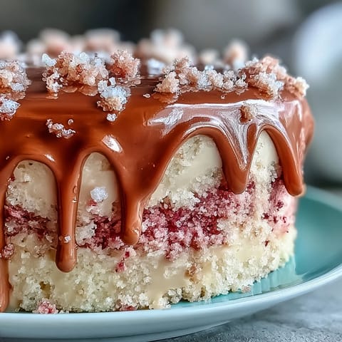 Elegant pink Rosé Velvet Cake with shimmering edible gold drips.