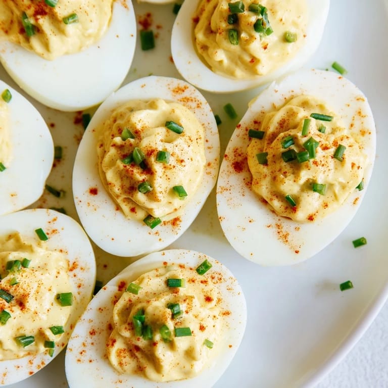Easy homemade deviled eggs served chilled, featuring a tangy mustard and mayonnaise filling topped with fresh green chives for a pop of color.