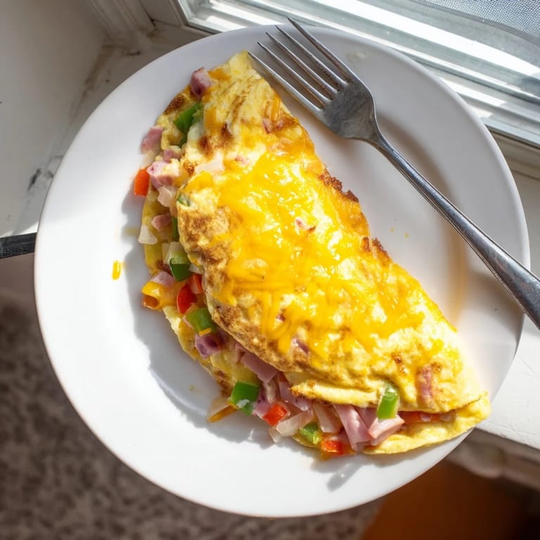 Close-up of a fluffy Denver Omelet stuffed with ham, colorful bell peppers, and gooey cheddar cheese on a rustic dining table.