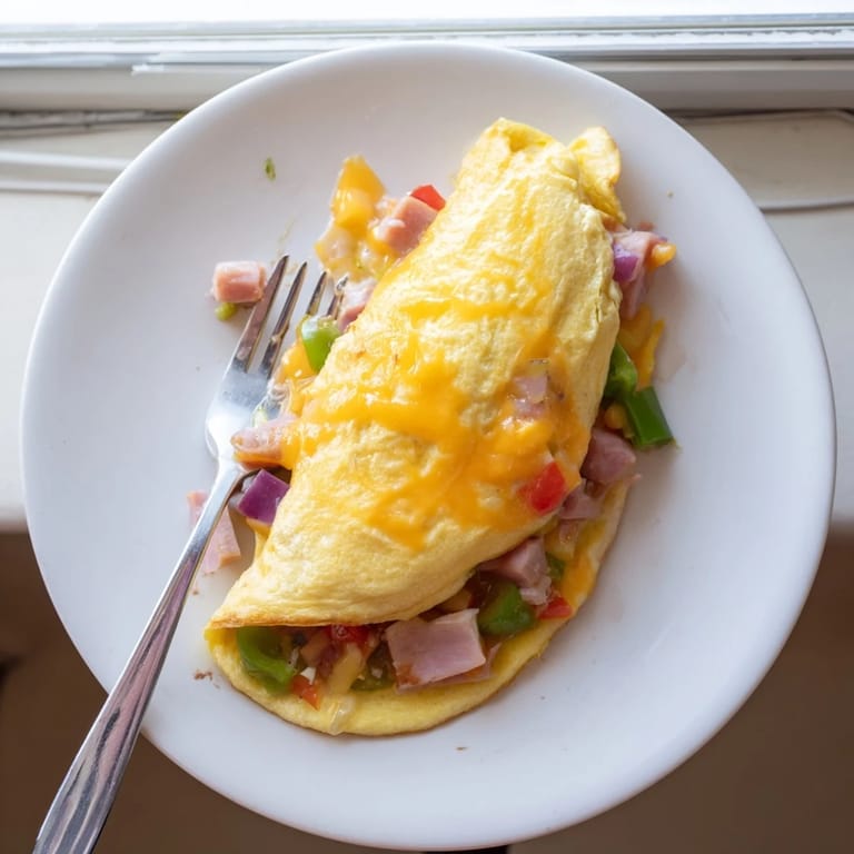Savory Denver Omelet in a skillet with bell peppers and onions, garnished with fresh herbs and ready to serve with toast.