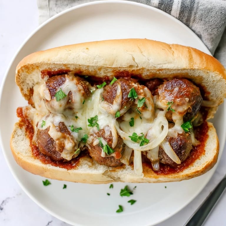 Freshly baked Meatball Sub overflowing with tender meatballs, rich sauce, and golden bubbly cheese on a plate.