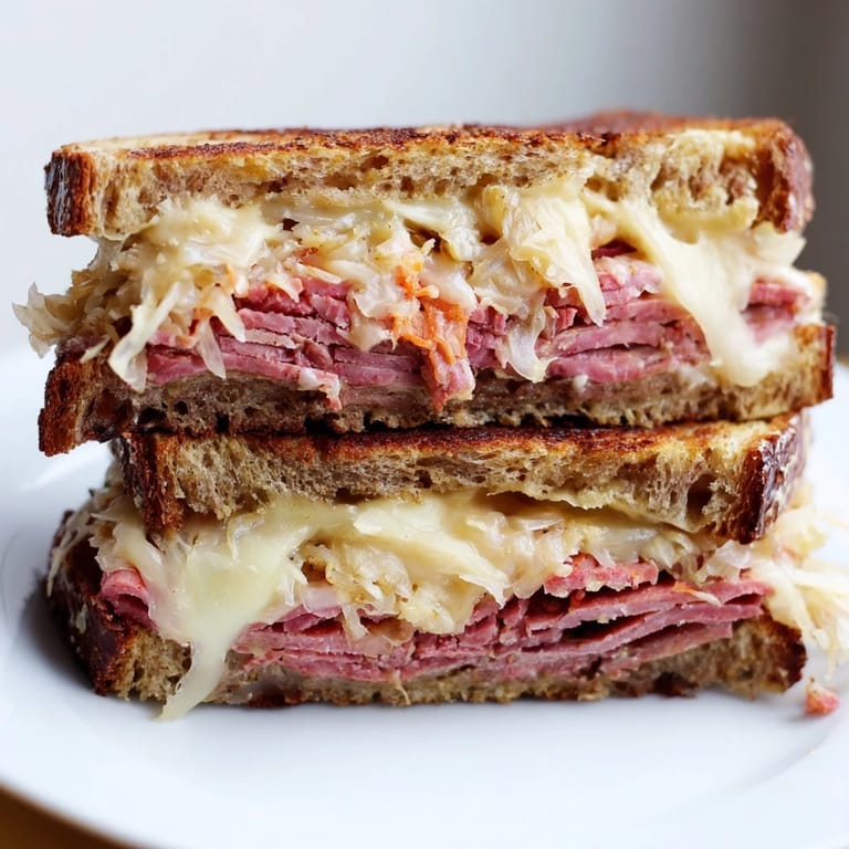 Grilled Reuben Sandwich stacked high with sauerkraut and Russian dressing, served alongside dill pickles and potato chips.