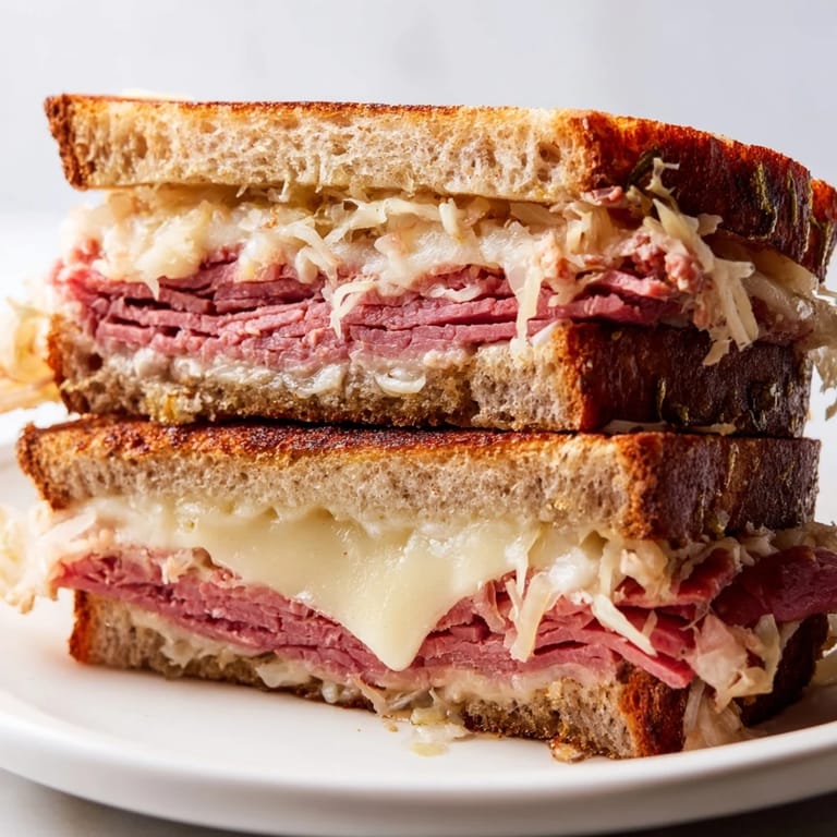 Close-up of a hot Reuben Sandwich sliced open, highlighting the steamy layers of rye bread and savory fillings.