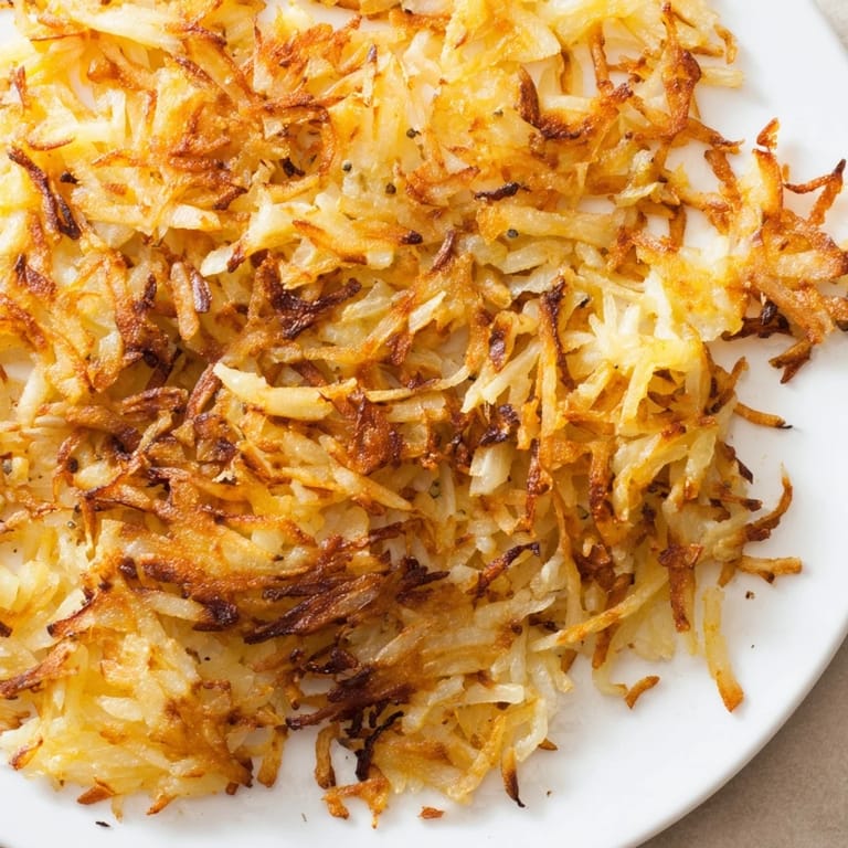 Fluffy shredded Hash Browns garnished with fresh chives on a white plate.