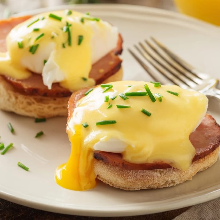 A close-up of a fork breaking into a runny-yolked Eggs Benedict, showcasing the rich, buttery hollandaise sauce.