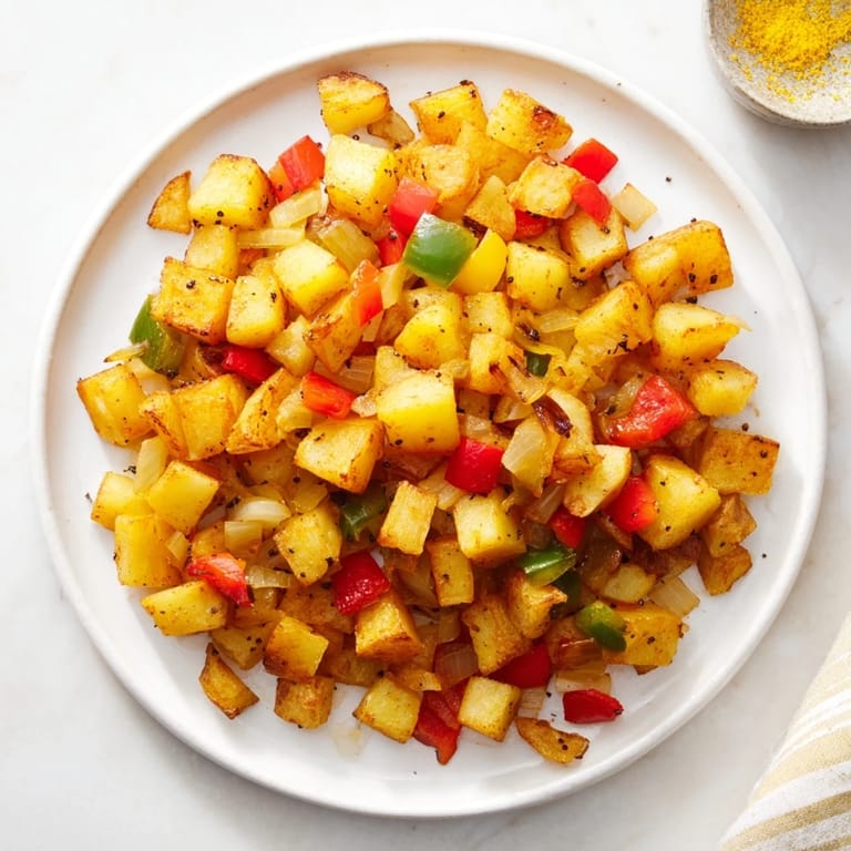 Tender home fries sautéed with onions and peppers, perfect for a hearty American breakfast plate.