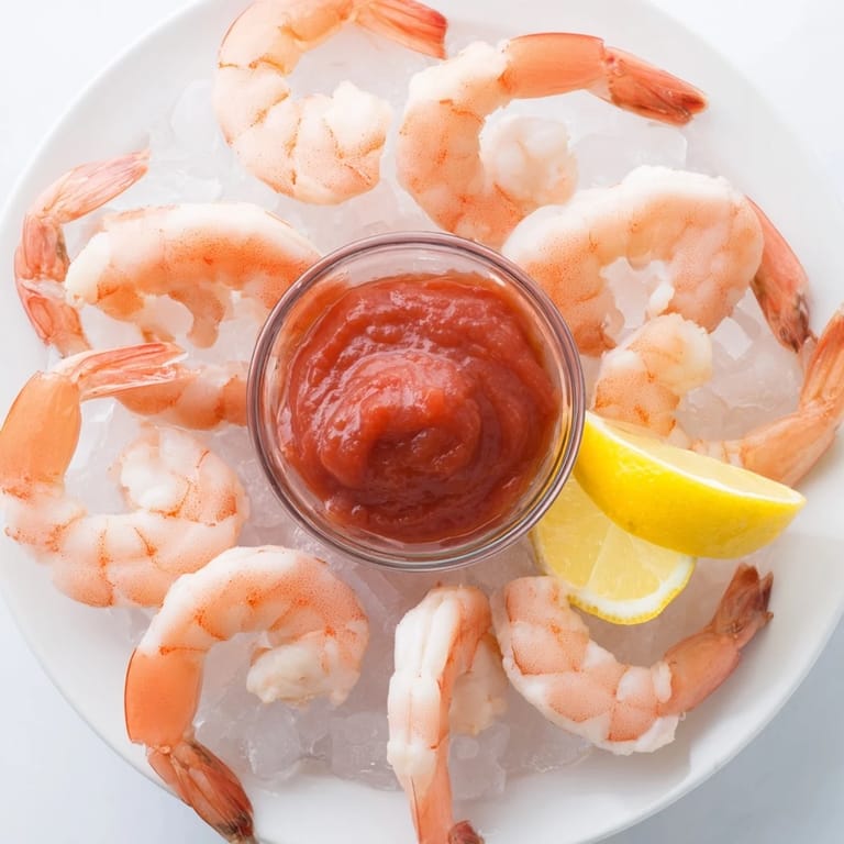 Classic shrimp cocktail plated on a bed of crisp lettuce, ready for entertaining with bold horseradish flavors.