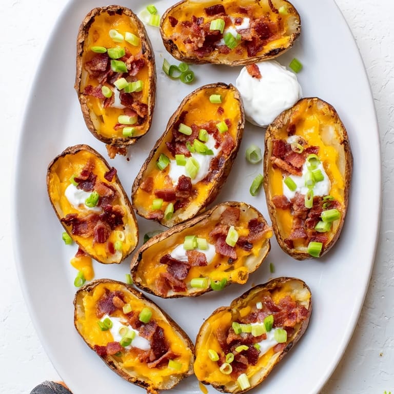 Golden baked Potato Skins with bubbly melted cheese, crunchy bacon bits, and bright green onions, ready for an appetizer spread.