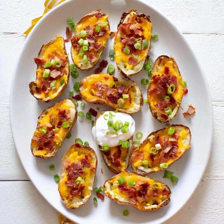 Freshly baked Potato Skins topped with melted cheddar, crispy bacon, and sliced green onions, served with a side of sour cream.