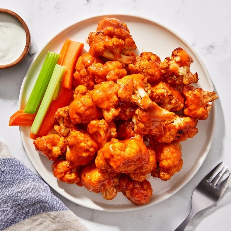 Oven-baked Buffalo Cauliflower Wings in a game-day spread, paired with carrots and blue cheese dressing.
