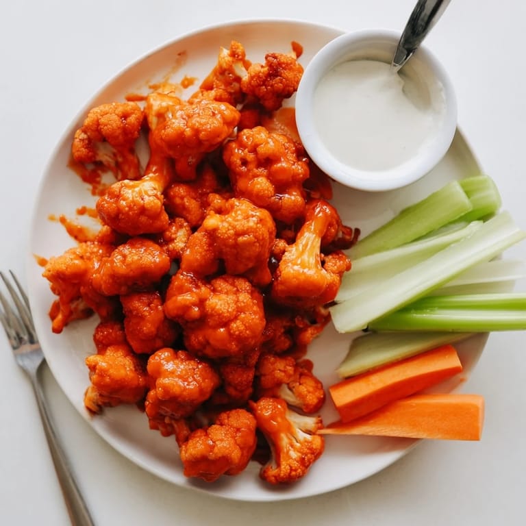 Freshly tossed Buffalo Cauliflower Wings with a crispy batter, drizzled in buttery hot sauce on parchment.