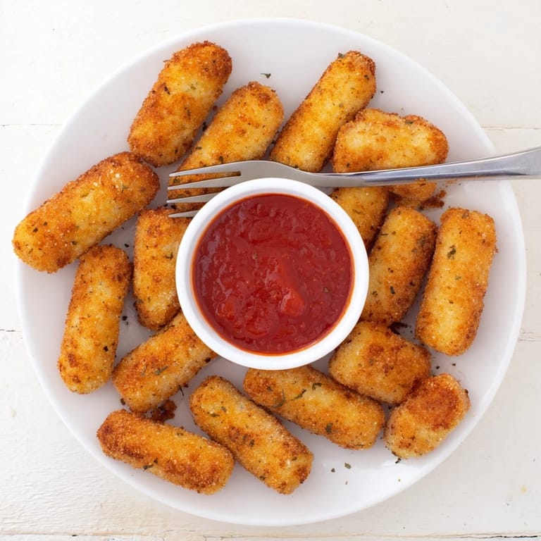 A plate of golden, crunchy mozzarella sticks with marinara, perfect for a game-day appetizer spread.