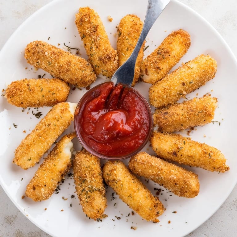 Freshly fried mozzarella sticks with a crunchy panko crust and gooey cheese pull ready for dipping.