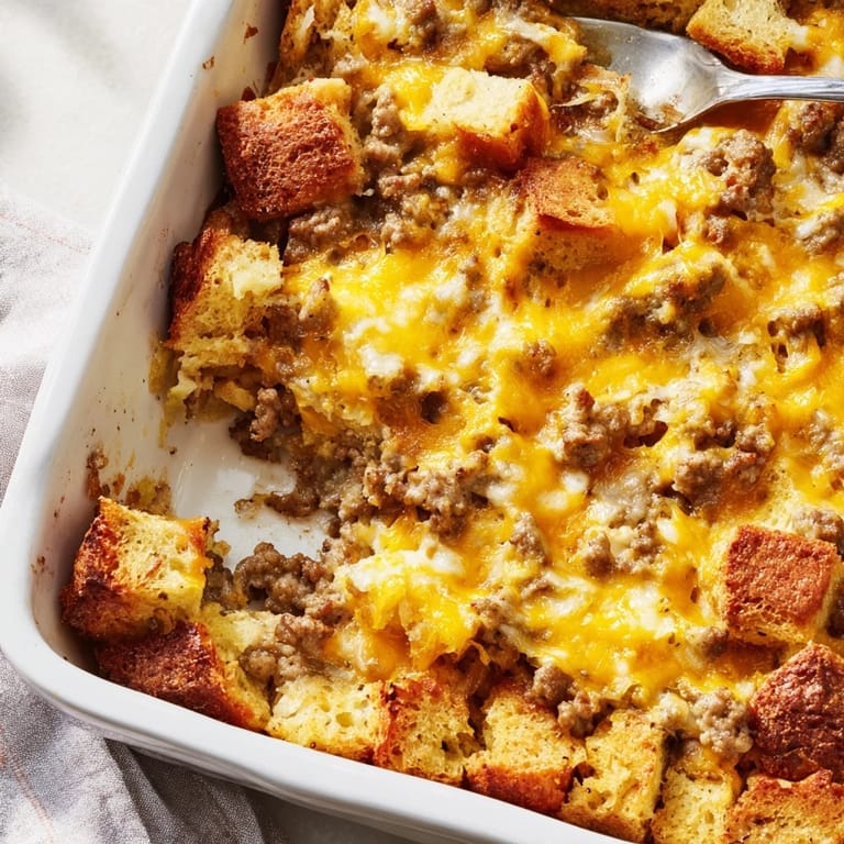 Close-up of savory Breakfast Sausage Casserole featuring melted cheddar, bread cubes, and bell peppers on a rustic table.