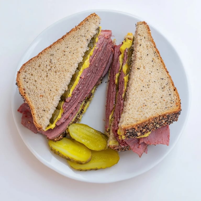 Two halves of a pastrami on rye sandwich stacked on a plate, served with a crunchy dill pickle spear and a knife.