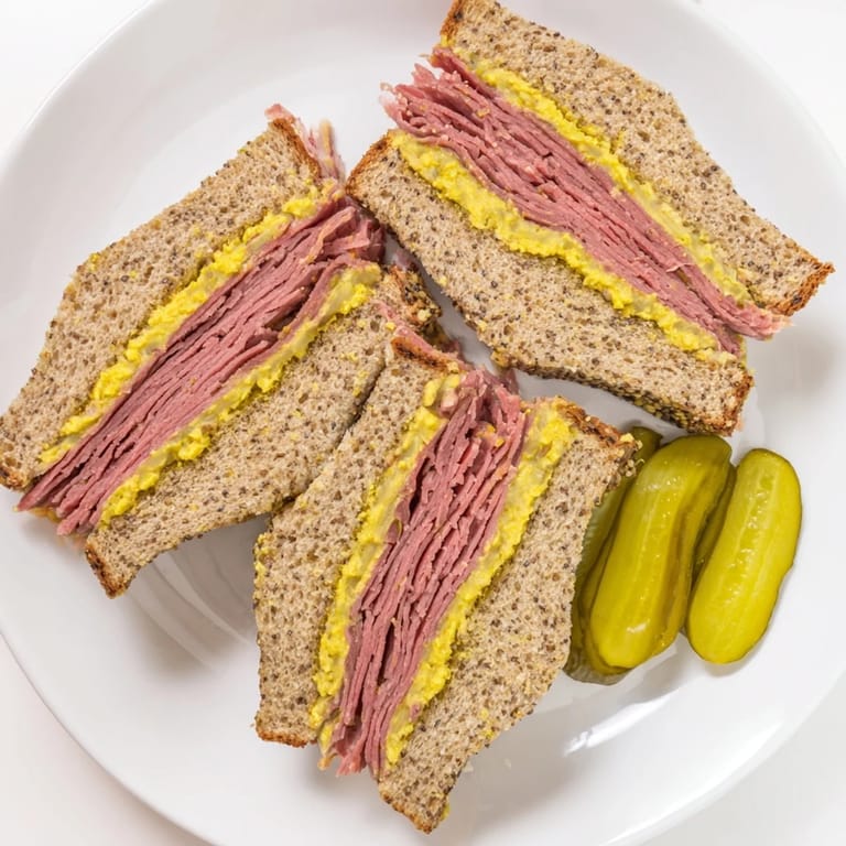 Assembling a pastrami on rye sandwich, layering warm, peppery meat between slices of bread with sharp yellow mustard.
