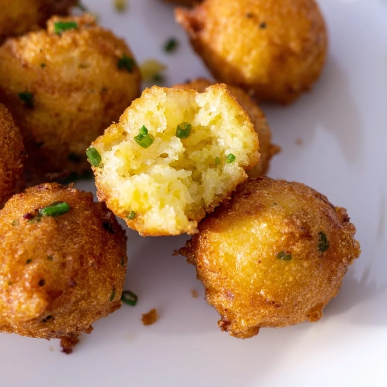 A basket of steaming Hushpuppies rests on a rustic wooden table, garnished with fresh chives and ready to be slathered with honey butter.