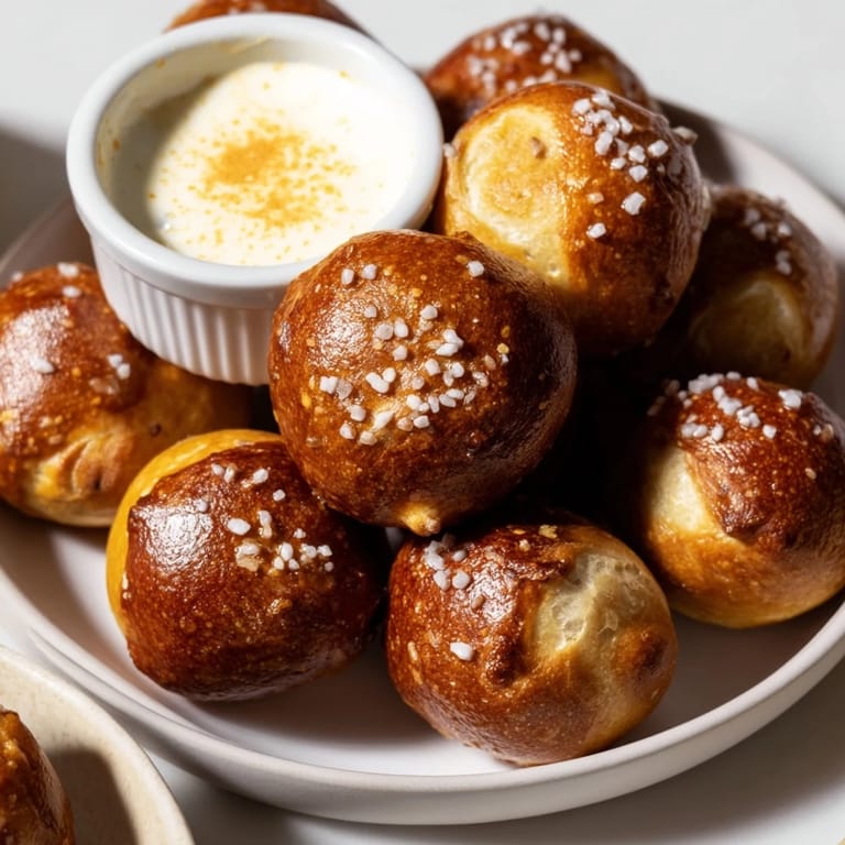 Steam rising from golden pretzel bites with cheese dip on a white plate, ready to be enjoyed by friends.