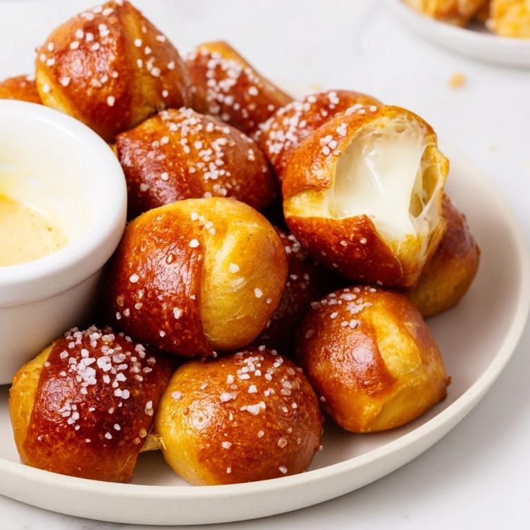 Cheese dip for pretzel bites bubbling in a small bowl alongside soft baked bites, perfect for a party snack.