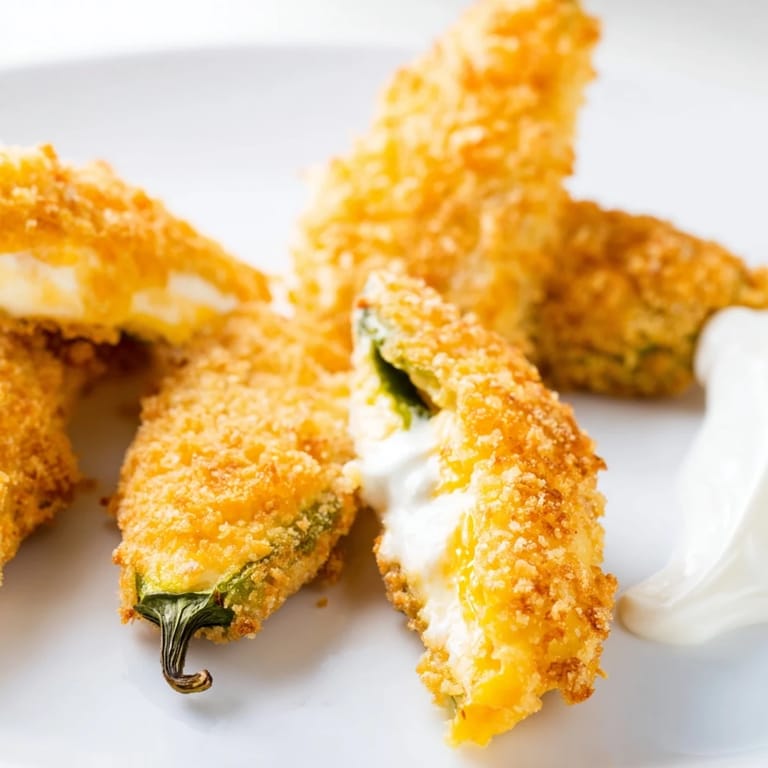Fresh Jalapeño Poppers with golden breadcrumbs are arranged on a plate, ready to be dipped in cool ranch.