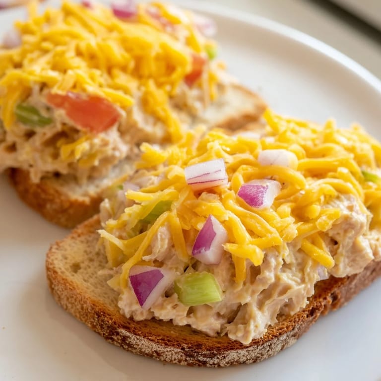 A freshly prepared open-faced Tuna Melt features juicy tomato slices and golden-brown edges on a rustic kitchen counter.
