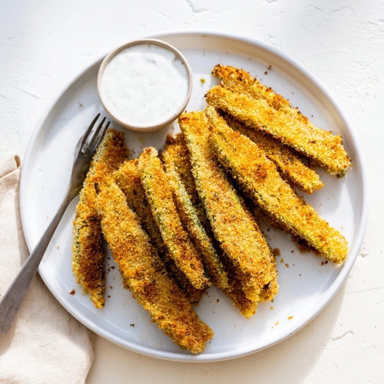 Six deep-fried dill pickle spears with a crunchy breadcrumb coating, served hot. 