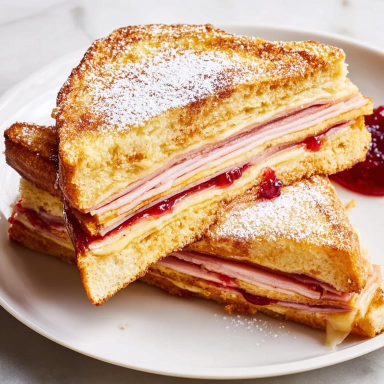 Monte Cristo sandwich halves revealing melted Swiss cheese and ham layers, resting beside a small bowl of berry preserves.