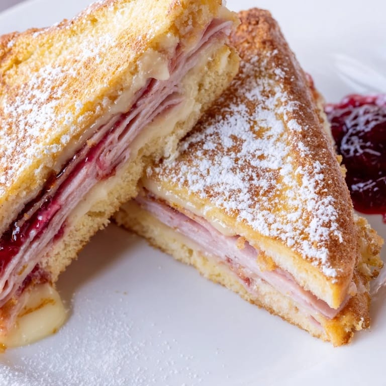 Egg-battered Monte Cristo sandwich cooked to a crispy finish, with visible powdered sugar topping and a side of jam.