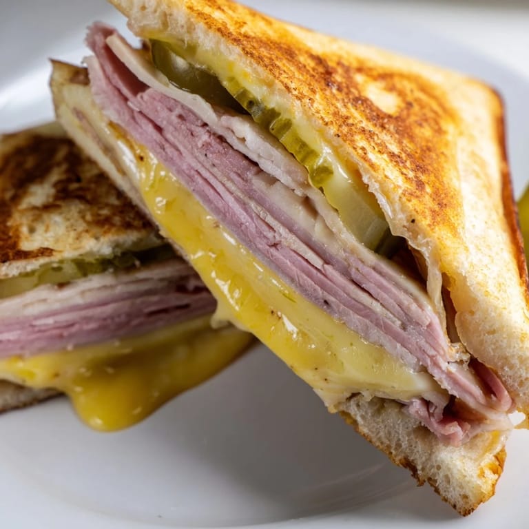 Freshly pressed Cuban Sandwich stacked high with layers of pork, ham, and Swiss, served with dill pickles and mustard.