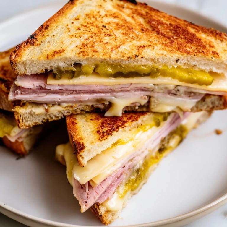 Melted cheese oozing from a perfectly grilled Cuban Sandwich, cut diagonally to show the hearty pork and ham filling.
